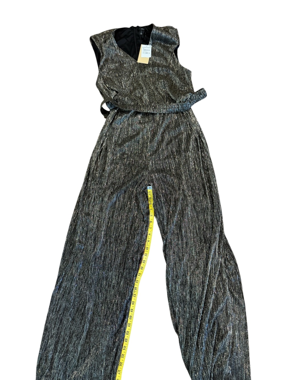 Halogen Black and Silver Metallic Sleeveless Tie-Waist Jumpsuit